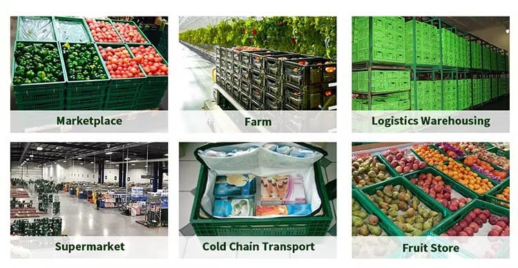 Plastic produce crates in use
